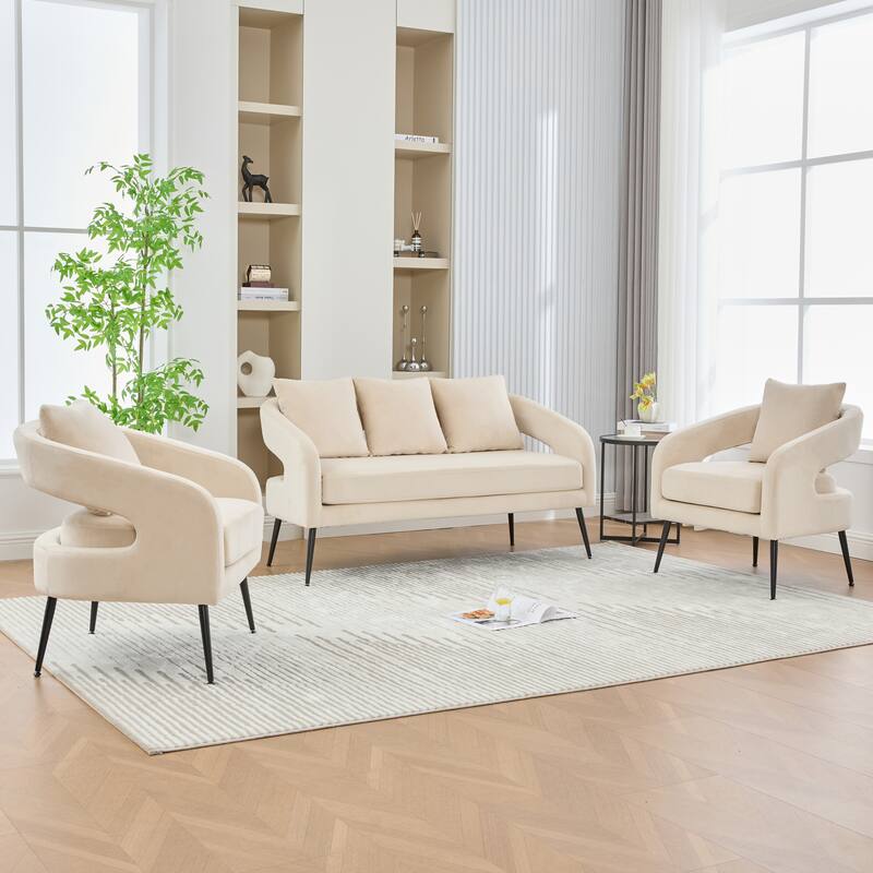 53.7" W Loveseat Sofa with 2 Accent Chair,3-Piece Living Room Furniture Sets with Pillows and Metal Legs - Beige