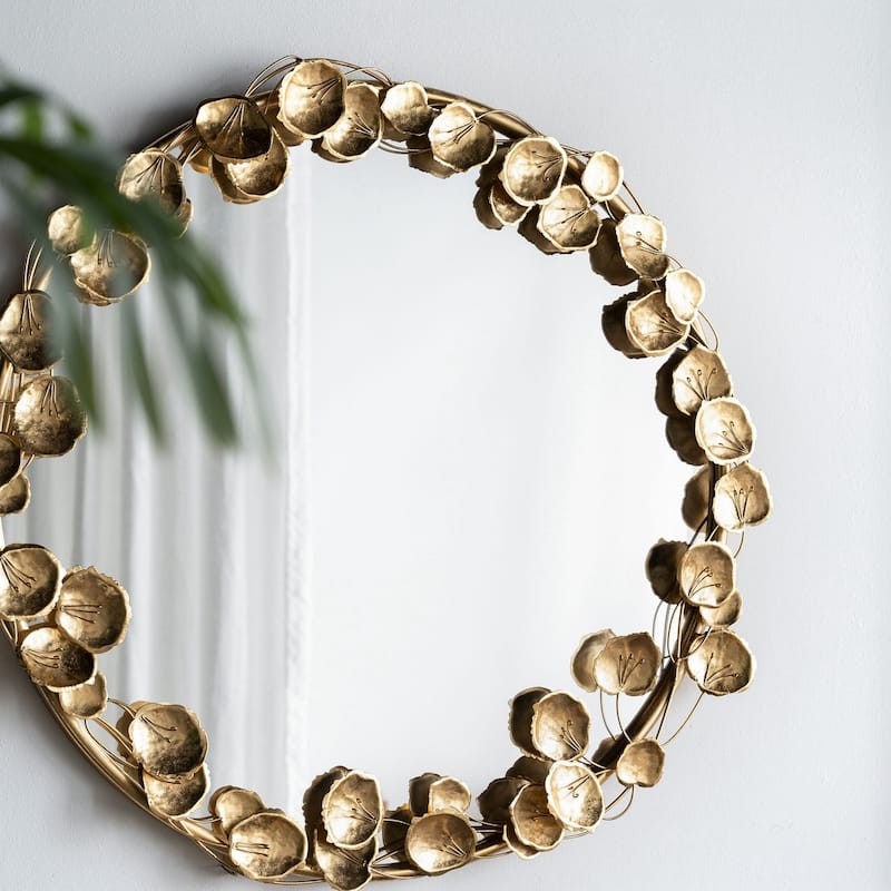 35" Round Metal Wall Mirror with Golden Leaf Accents - Gold