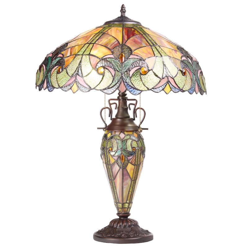 Halston River of Goods Double Lit Stained Glass 24.5-Inch Table Lamp - 18" X 18" X 24.5" - 18" X 18" X 24.5" - Amber/Orange/Green/Blue/Bronze