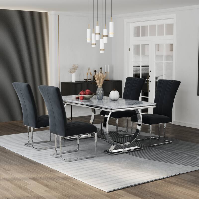 Luxury Dining Table Set with PU Leather Dining Chairs - Silver Chairs - Table with 4 Chairs