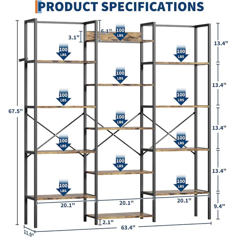 Triple Column 5-Tier Bookshelf, 14 Open Shelves Bookcase, Industrial Storage Shelf for Living Room, Home Office, or Study