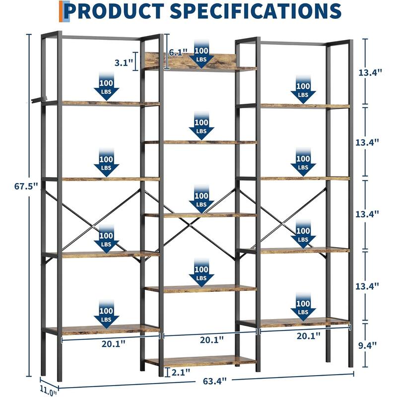 Triple Column 5-Tier Bookshelf, Rustic Industrial Bookshelf with Frame