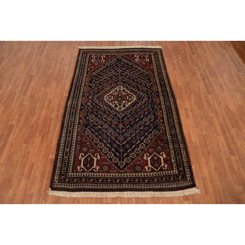 Hand Knotted Oriental 100% Wool Carpet Traditional Geometric Navy Blue & Blues Qashqai Area Rug - 8' 6'' X 5' 3''