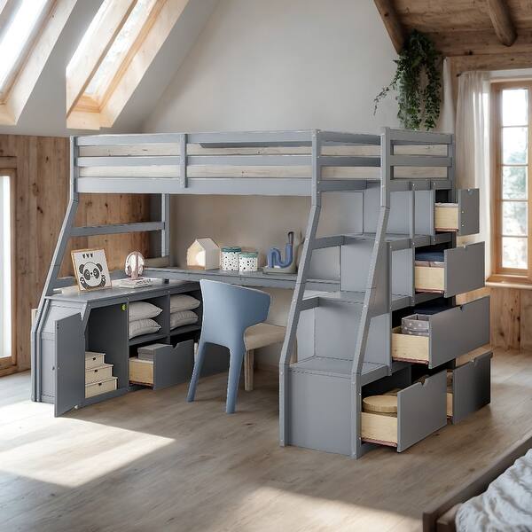slide 2 of 44, Plywood Twin Size Loft Bed with Desk, Drawers and Shelves,Kids Bed Design Grey