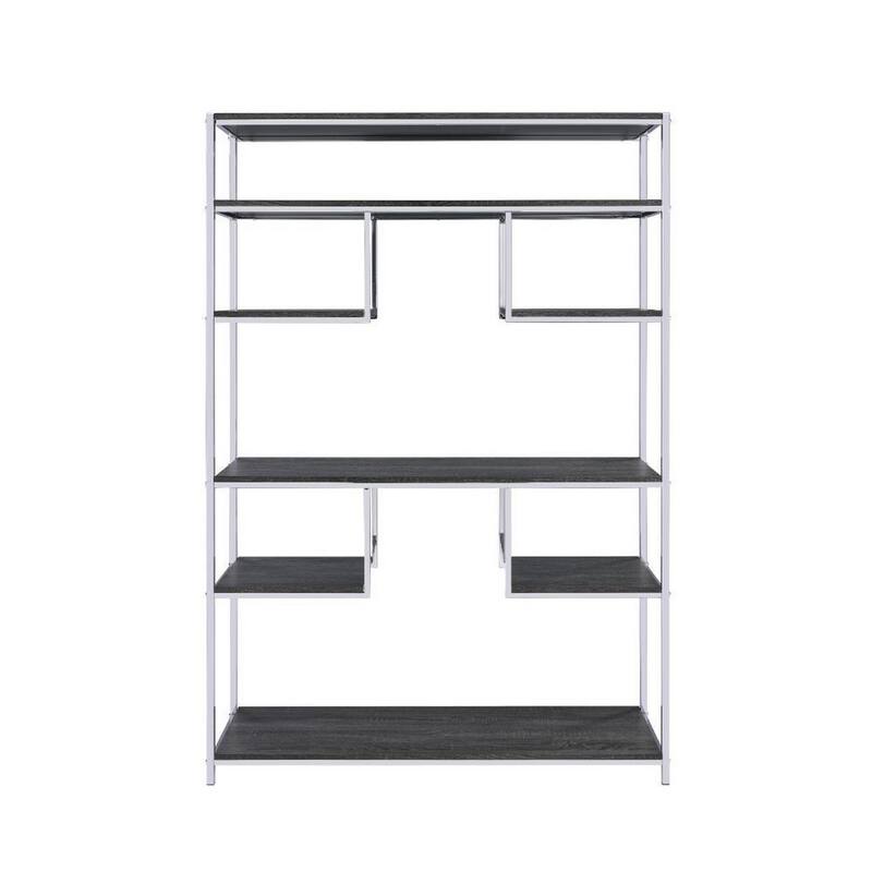 Etagere Bookshelf with 7 Shelves and Geometric Pattern,Silver and Dark Gray