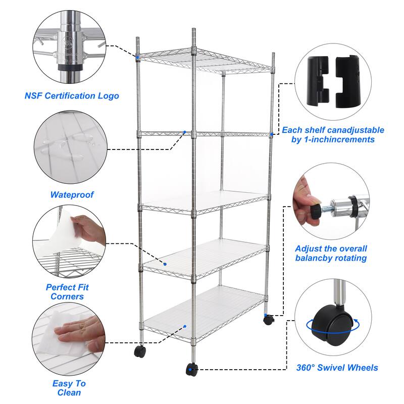 5 Tier Wire Shelving Unit, Heavy Duty Metal Large Storage Shelves Height Adjustable for Garage Kitchen Office