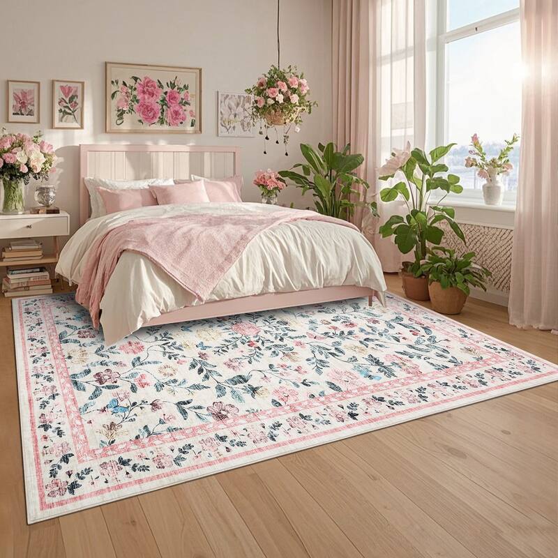Living Room Rug Machine Washable Area Rug Non Slip Farmhouse Floral Rug Low Pile Soft Foldable Rugs