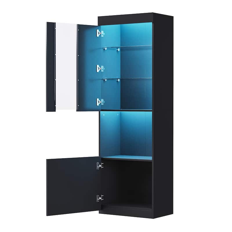 67" Tall Pantry Cabinet Storage Cabinet with LED Lights, Modern Bookcase&Display Cabinet with Tempered Glass Shelves