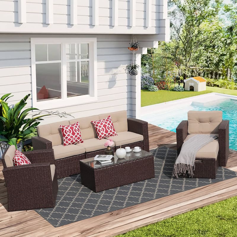 Outdoor 7-Piece Wicker Sectional Sofa Set - Brown/Beige