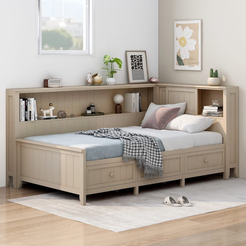 Twin Size Wood Daybed with Storage Shelves and 3 Drawers