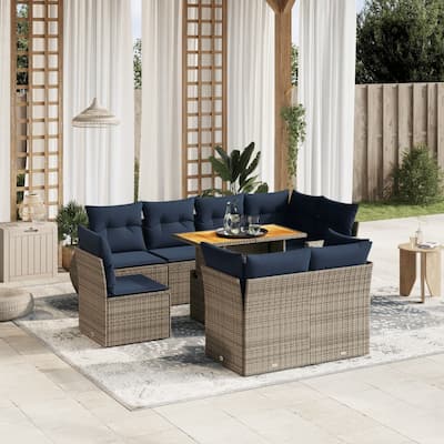 vidaXL Patio Sofa Set with Cushions Outdoor Furniture 9 Piece Poly Rattan - 24.4 x 24.4 x 27.2