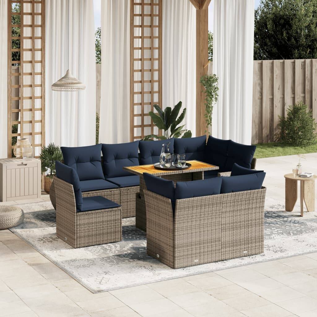 vidaXL Patio Sofa Set with Cushions Outdoor Furniture 9 Piece Poly Rattan - 24.4 x 24.4 x 27.2