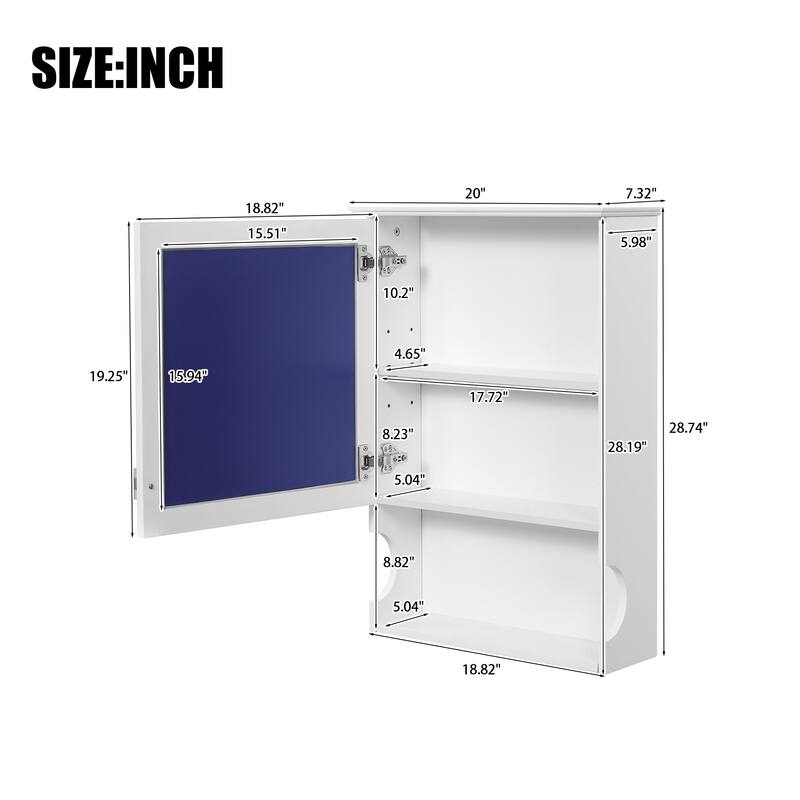 20"Wall Mounted Bathroom Storage Cabinet with Mirror, Wall Mounted Home Storage with Door, Mirrored Wall Medicine Cabinet