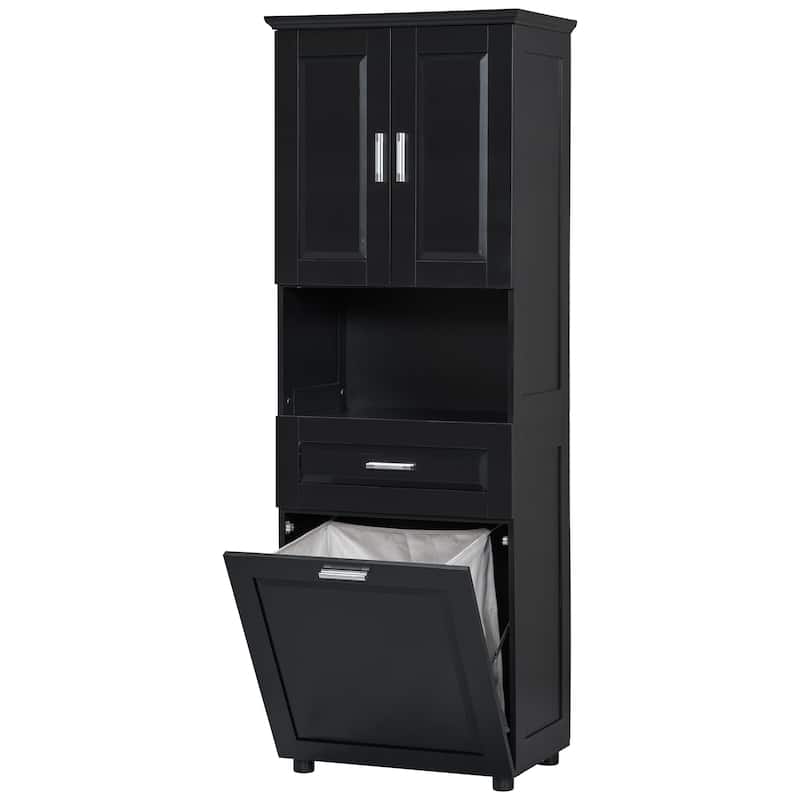 Waterproof Bathroom Cabinet with Tilt-Out Laundry Basket, Large Double Door Storage Cabinet with Adjustable Shelf and Drawer