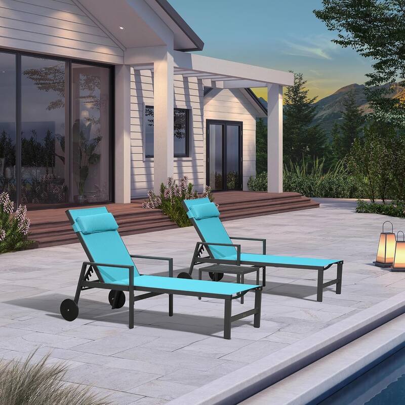 PURPLE LEAF Lounge Chair Set for Outside Aluminum Patio Recliner with Side Table and Pillow Beach Sunbathing Tanning Chairs - Oversized(Blue)