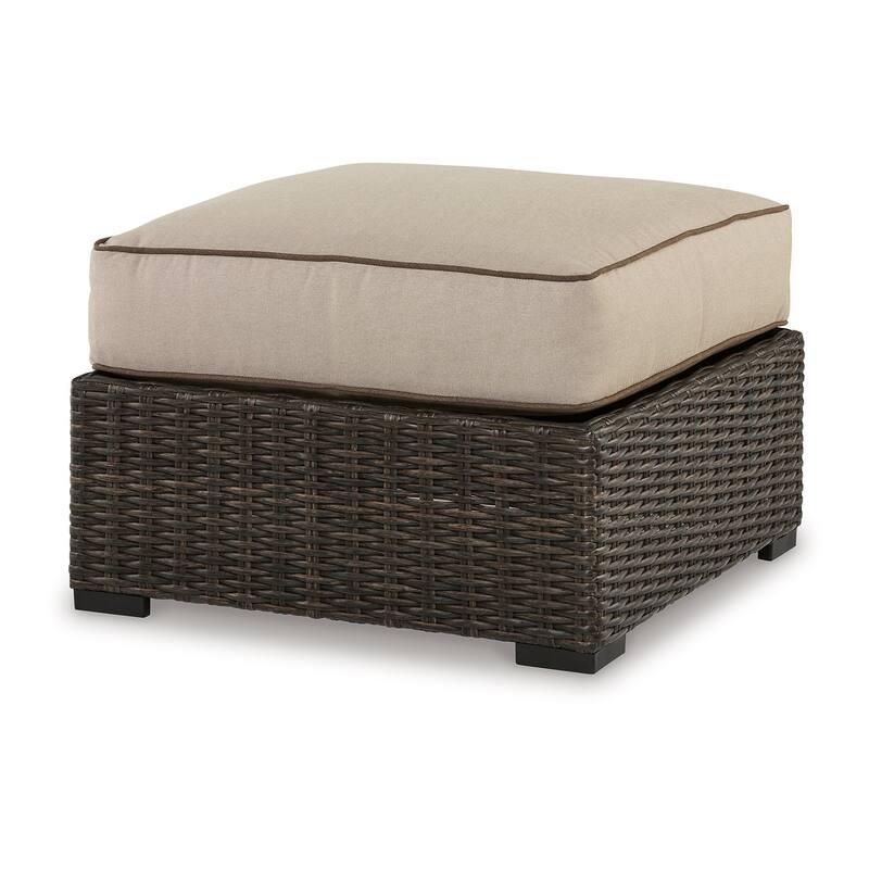 Waga 29 Inch Outdoor Ottoman, Cushioned Seat, Resin Wicker, Brown, Beige