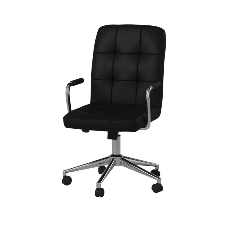 Sela Swivel Office Armchair, Tufted Black Seat & Back, Chrome Base