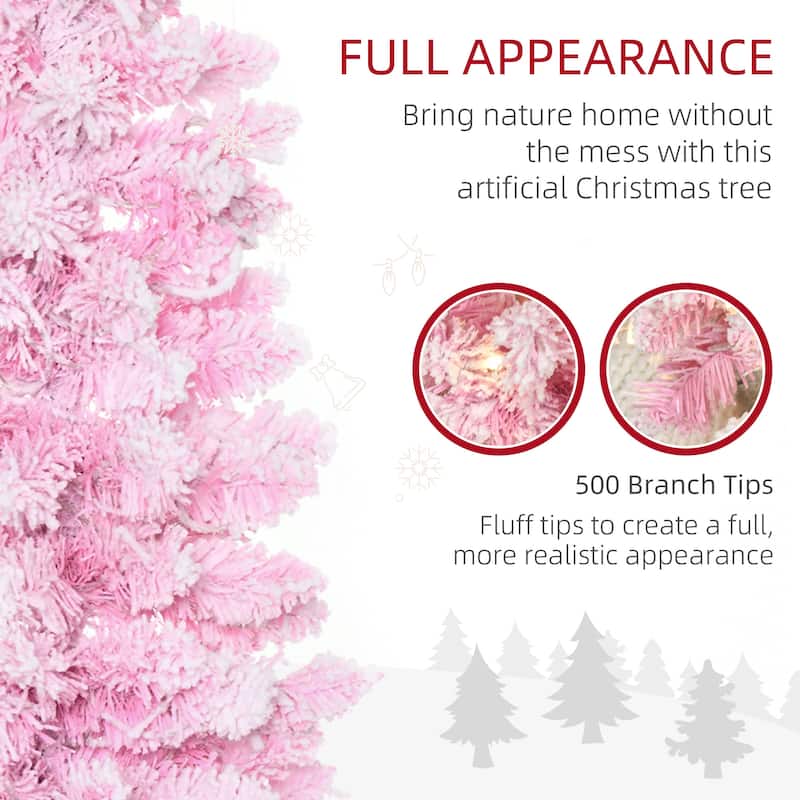 6ft Artificial Snow Flocked Christmas Tree with Pencil Shape, Pink and White Pine Branches, Warm White LED Lights