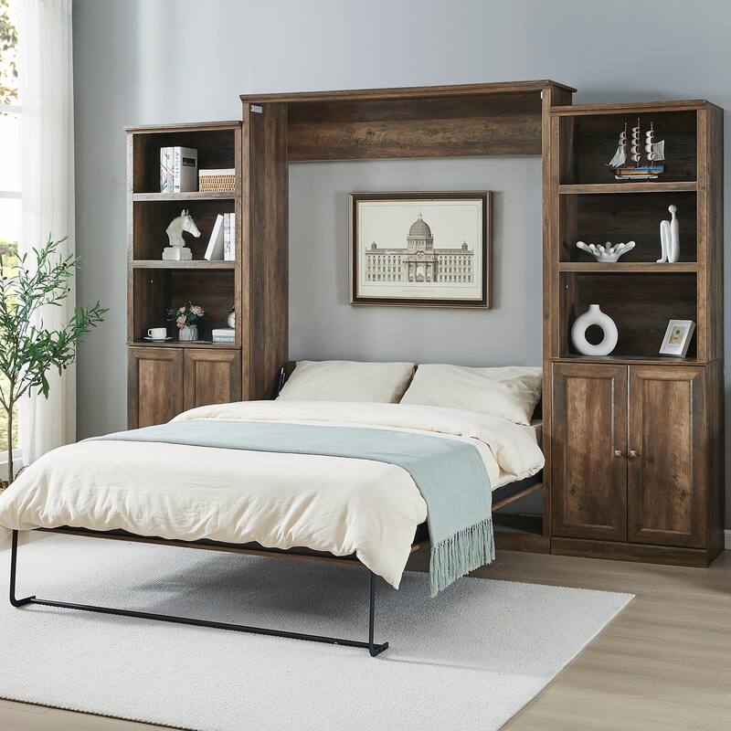 Half Self-Close and Open Murphy Bed with 2 Side Cabinet Storage Shelf