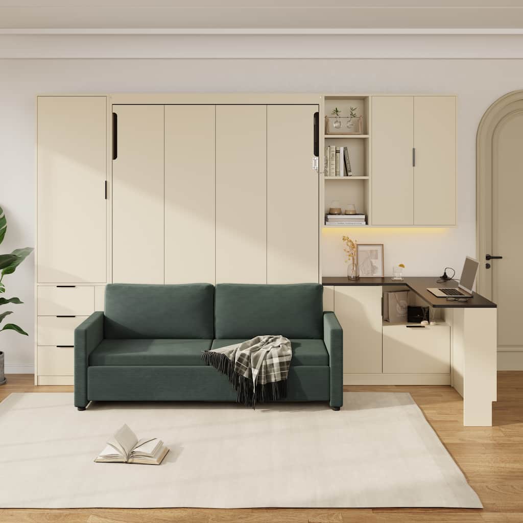Folding Wall Bed Queen Size Murphy Bed with Sofa and L Shape Desk