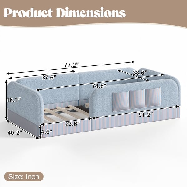 dimension image slide 2 of 9, Twin/Full/Queen Teddy Fleece Floor Bed with Upholstered Safety Rails and Pocket