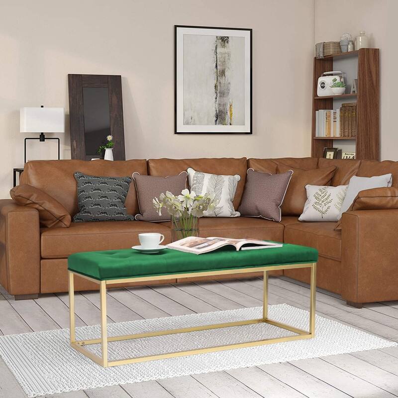 Adeco Green Upholstered Tufted Velvet Ottoman Bench,Golden Metal Base