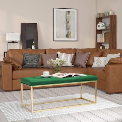 Adeco Green Upholstered Tufted Velvet Ottoman Bench,Golden Metal Base