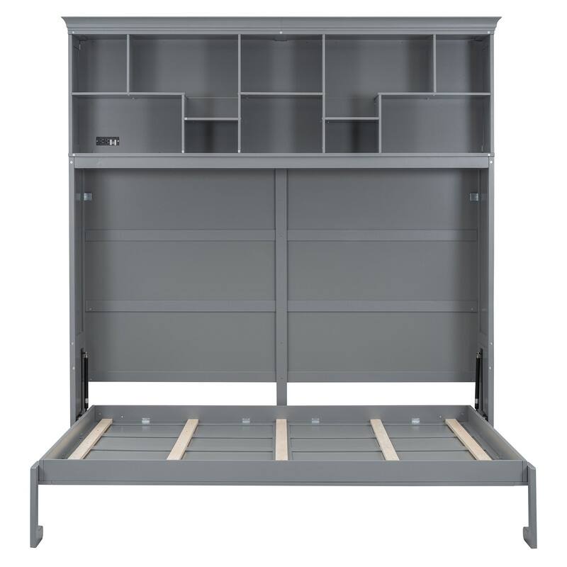 Queen Size Murphy Bed Wall Bed with Top Storage Shelves, Luxurious Foldable Storage Bed Frame with Charging Station