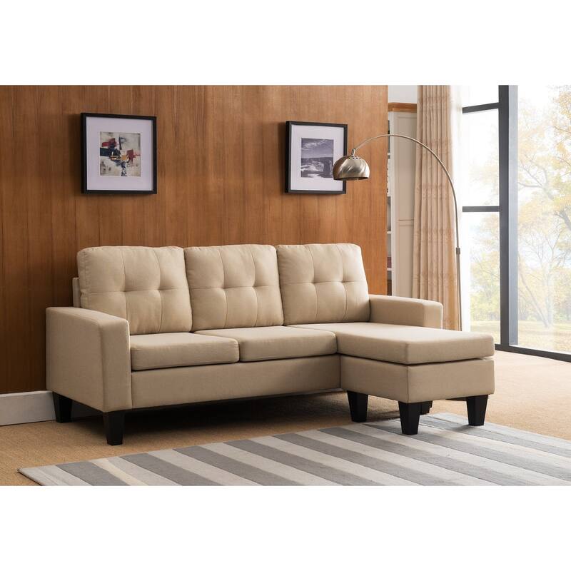 Fabric Upholstered Tufted Reversible L-Shape Sectional Sofa w/ Ottoman - Beige