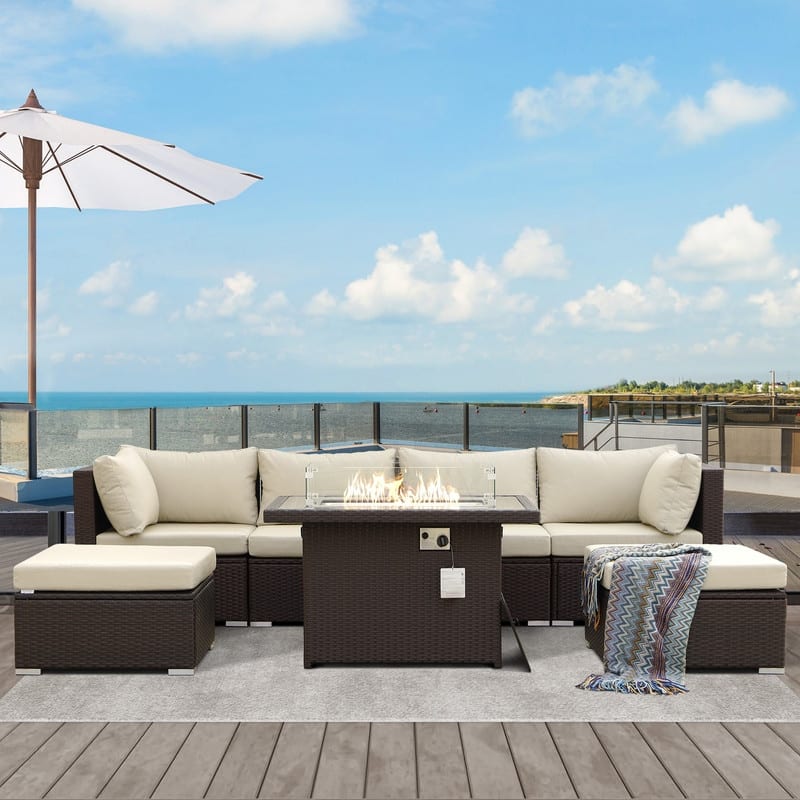FINCATI Outdoor Wicker Patio Furniture Conversation Sectional Sofa Set - 7 PCS-B - Beige