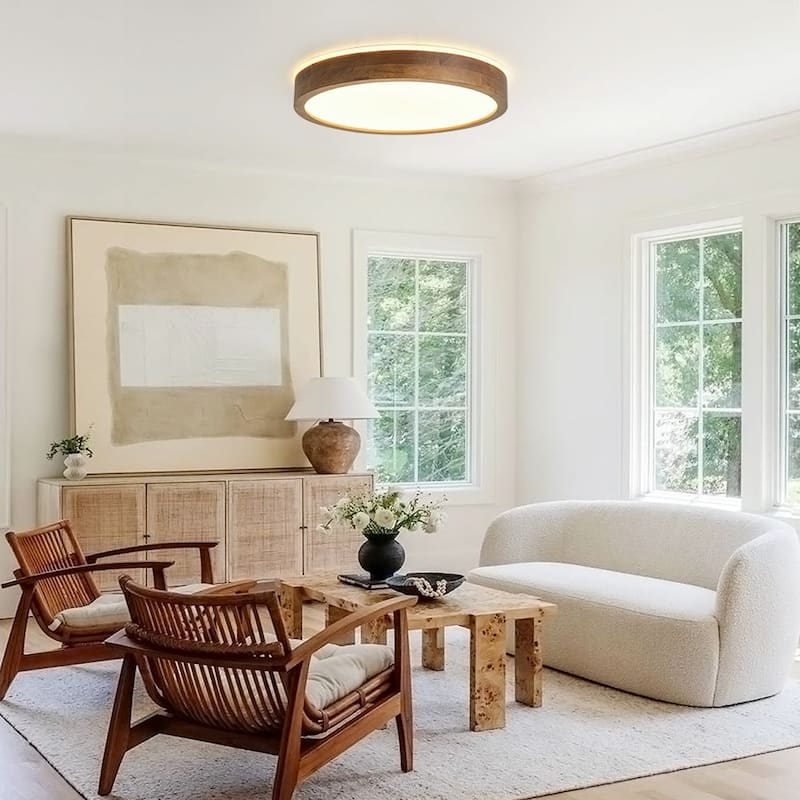 Nordic Wood Round Dimmable LED Top-halo Flush Mount Ceiling Light - 15.7 in