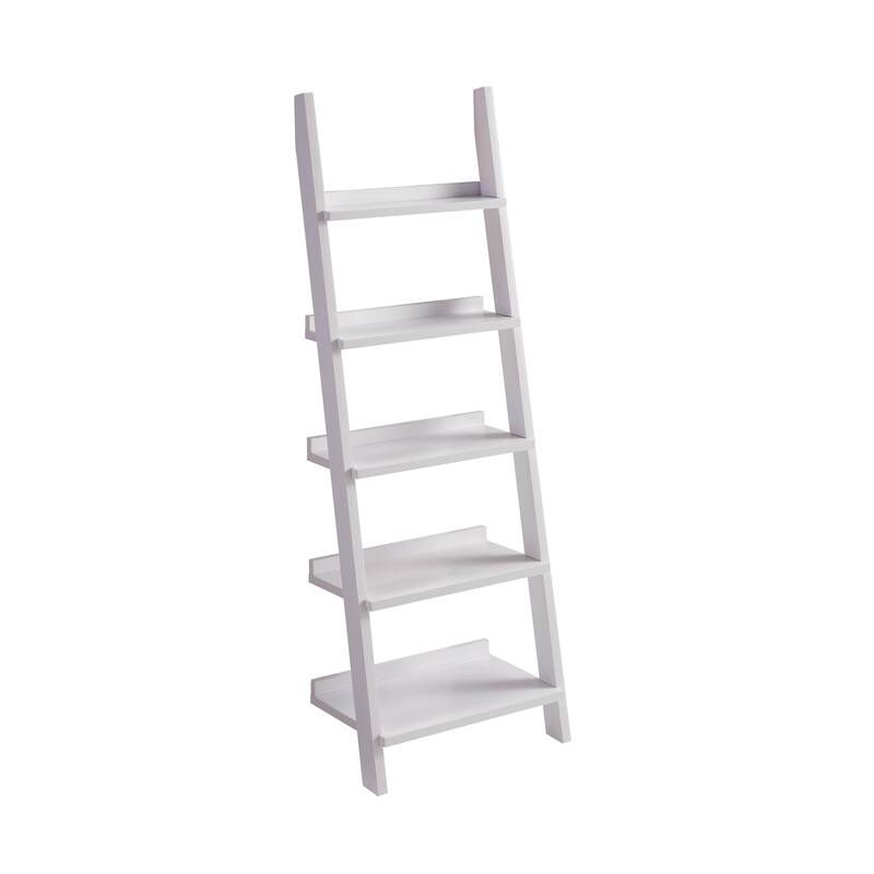 Bookcase Ladder Five Multi Depth Shelves With Back Molding Wall Support White
