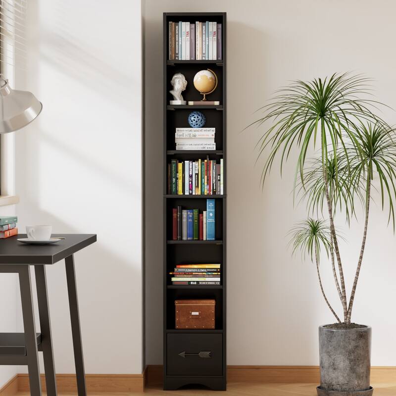 Javlergo Tall 7-Tier Adjustable Corner Bookcase with Drawer MDF Storage Shelf for Living Room Bedroom Kitchen and Entryway