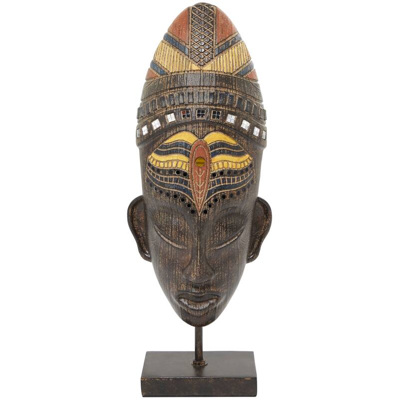 Brown Polystone Primitive African Mask and Standing African Woman Sculpture Wall Decor