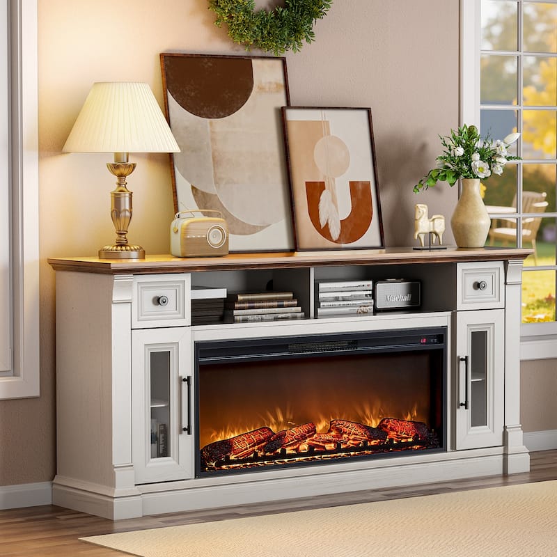 Fireplace TV Stand for 80" TV, Entertainment Center with LED Lights