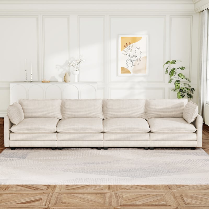 148" Overised 4 Seater Corduroy Clud Couch Modular Sectional Sofa for Living Room - Beige