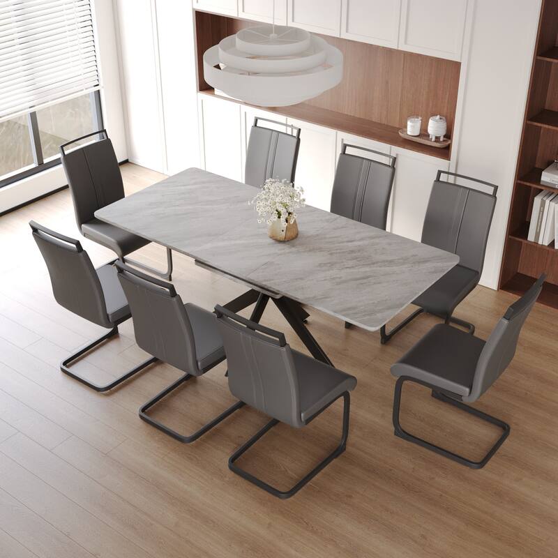 Modern Dining Set with Rectangular Extendable Table & C-shaped Tube Soft Padded Armless Chairs