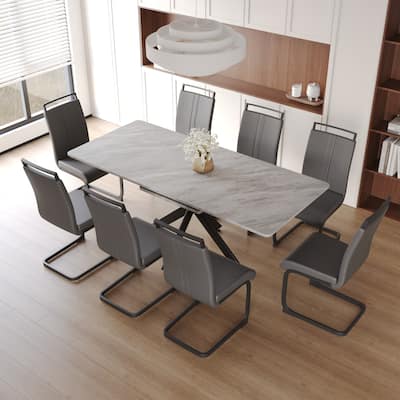 Modern Dining Set with Rectangular Extendable Table & C-shaped Tube Soft Padded Armless Chairs
