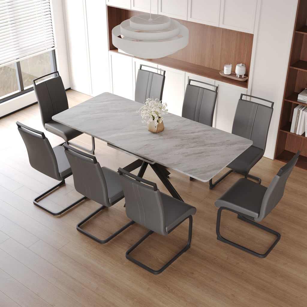 Modern Dining Set with Rectangular Extendable Table & C-shaped Tube Soft Padded Armless Chairs