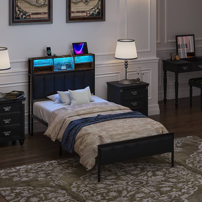 Javlergo Upholstered Platform Bed Frame with LED Lights and Storage Headboard, LED Bed Frame with Outlets and USB Ports