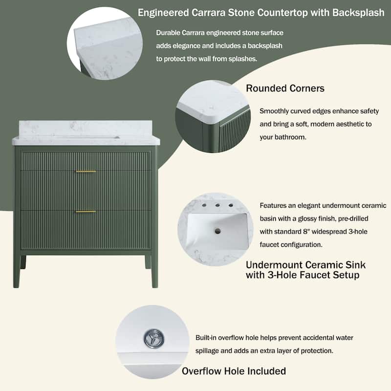 Modland 36" Freestanding Bathroom Vanity with Carrara Marble Top, Soft-Close Drawers, Fully Assembled, Green/Grey - 36 inch