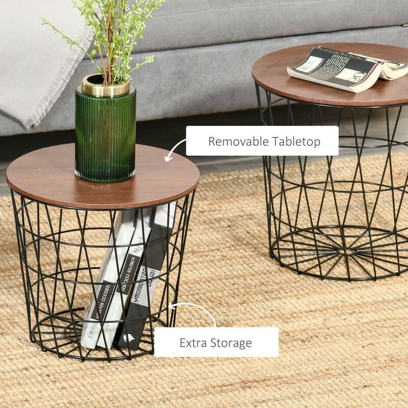 HOMCOM Set of 2 Side Tables Nesting Coffee Table with Storage, Stacking Side Tables with Metal Frame and Removable Top