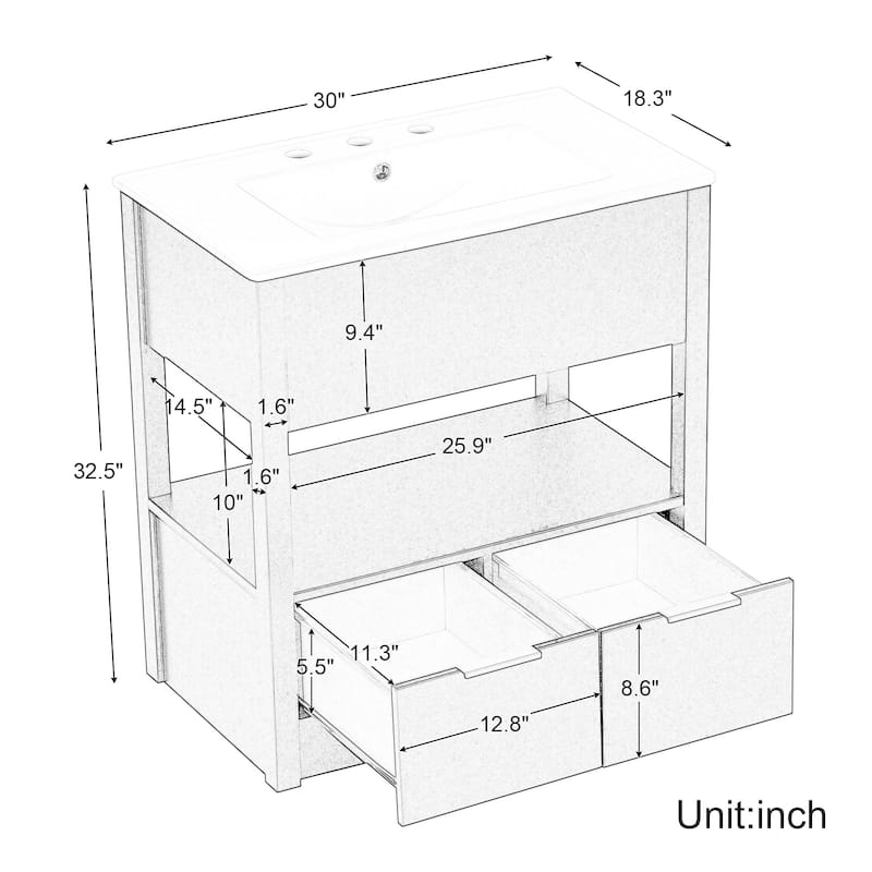 30" Bathroom Vanity with Sink Top, Open Storage Shelf, Two Drawers