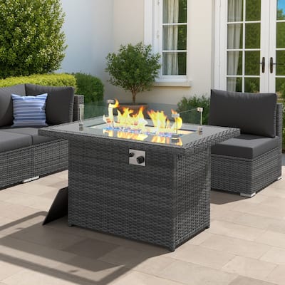 FINCATI 43" Outdoor Wicker Propane Fire Pit Table, 60,000 BTU Rectangular Patio Fireplace, Dual-fuel Natural Gas Convertible