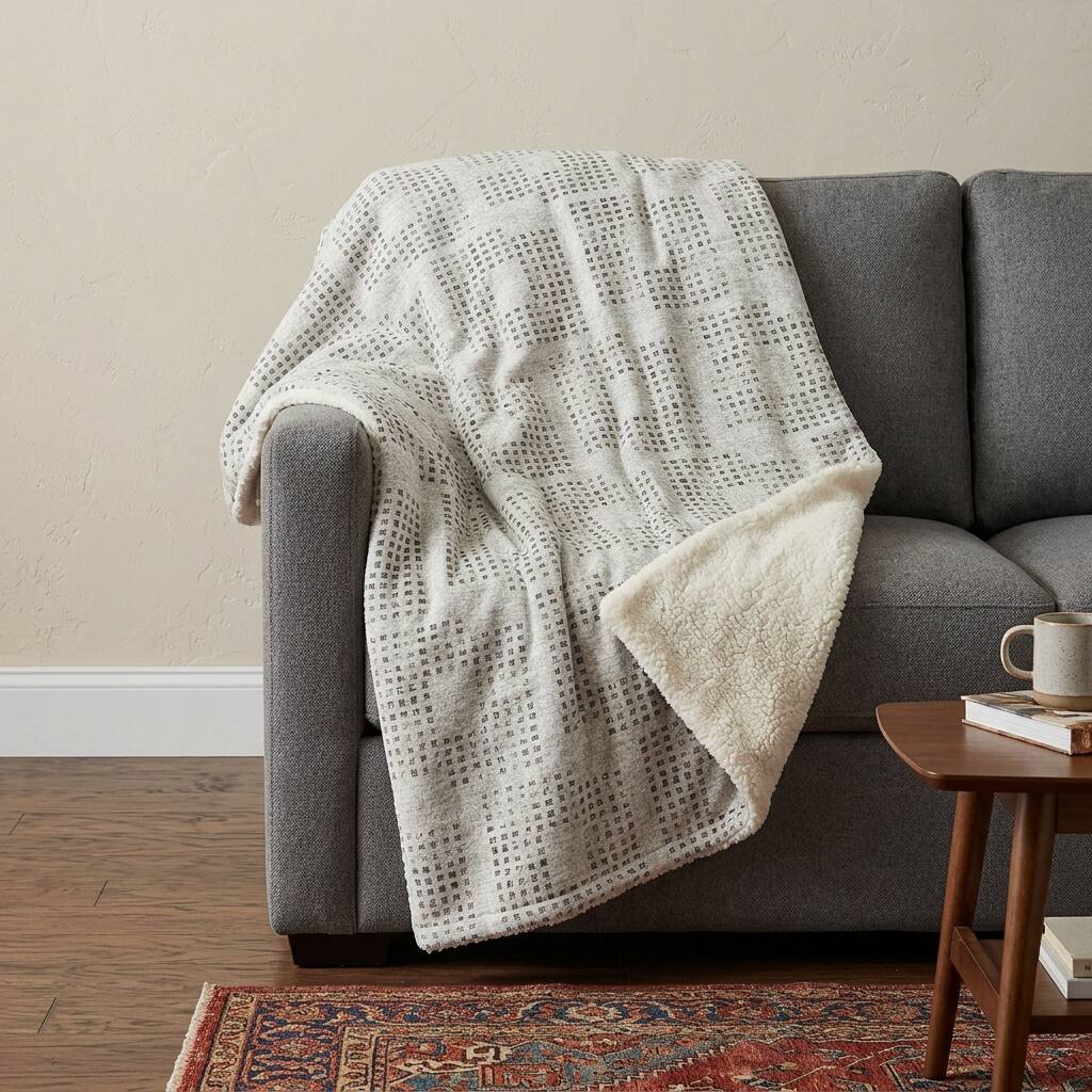 HomeRoots 50" X 70" Beige And Charcoal Geometric Polyester Woven Plush Throw Blanket