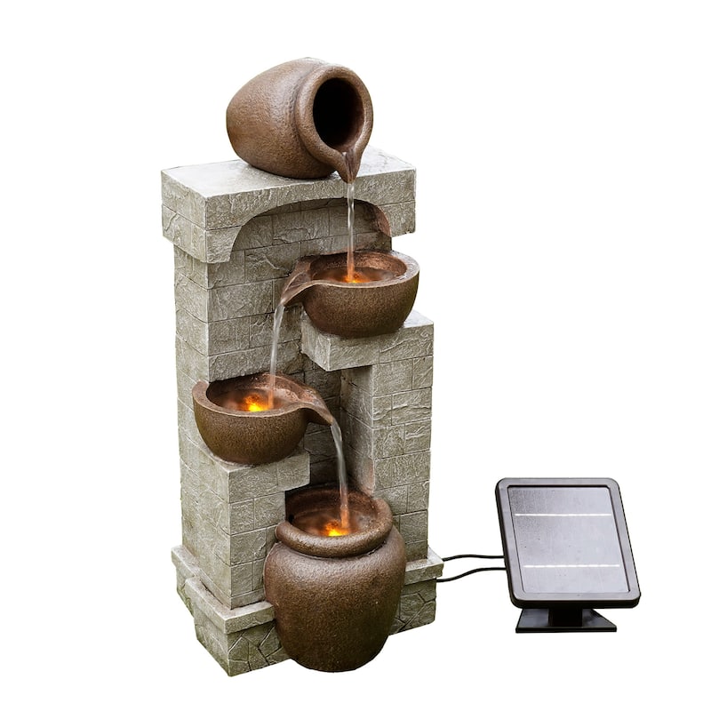 Teamson Home 4-Tier Bowl Solar Waterfall Fountain with Built-In LED Lights - 12"W x 10"L x 28"H