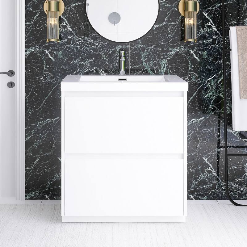 Floating Bathroom Vanity with Integrated Resin Top - 29.53'' x 19.69'' x 33.46'' - Wood Finish - High Glossy White