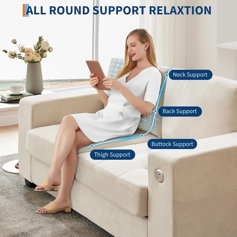 70" Chenille Loveseat Sofa with USB Charging – Modern Sectional w/Storage Pockets & Removable Cover for Living Room,