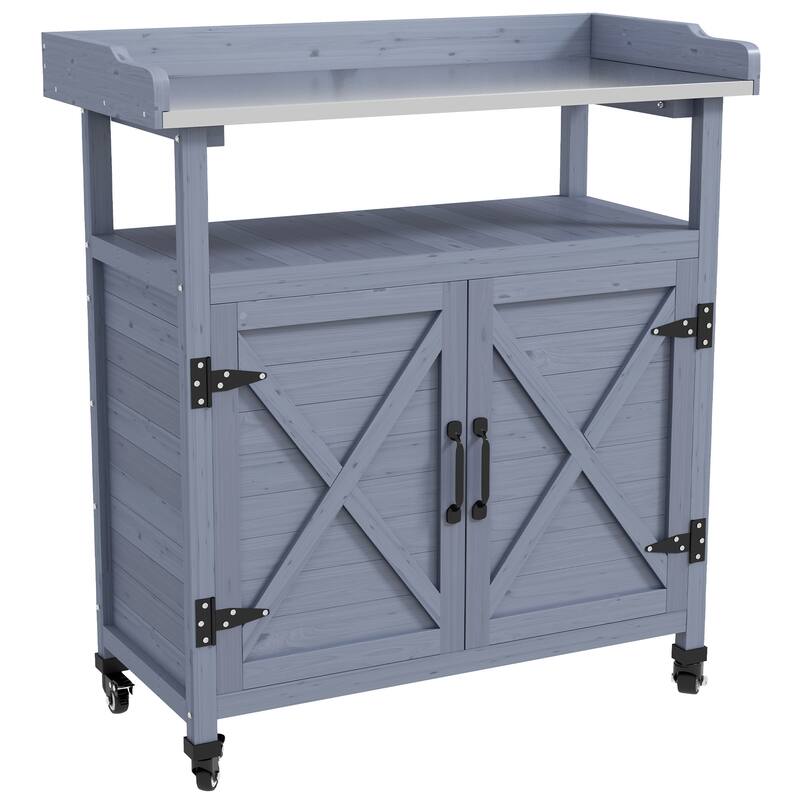 Outsunny Outdoor Potting Bench, Wooden Potting Table with Storage Cabinet, Aluminum Table Top, Rubber Wheels