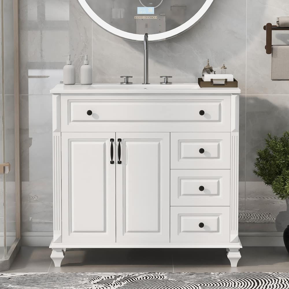 Sofucor 36 Inch Bathroom Vanity with Top,Ceramic Sink Basin,Cabinet with 4 Drawers and 2 Doors,Solid Wood Legs,Vintage Style